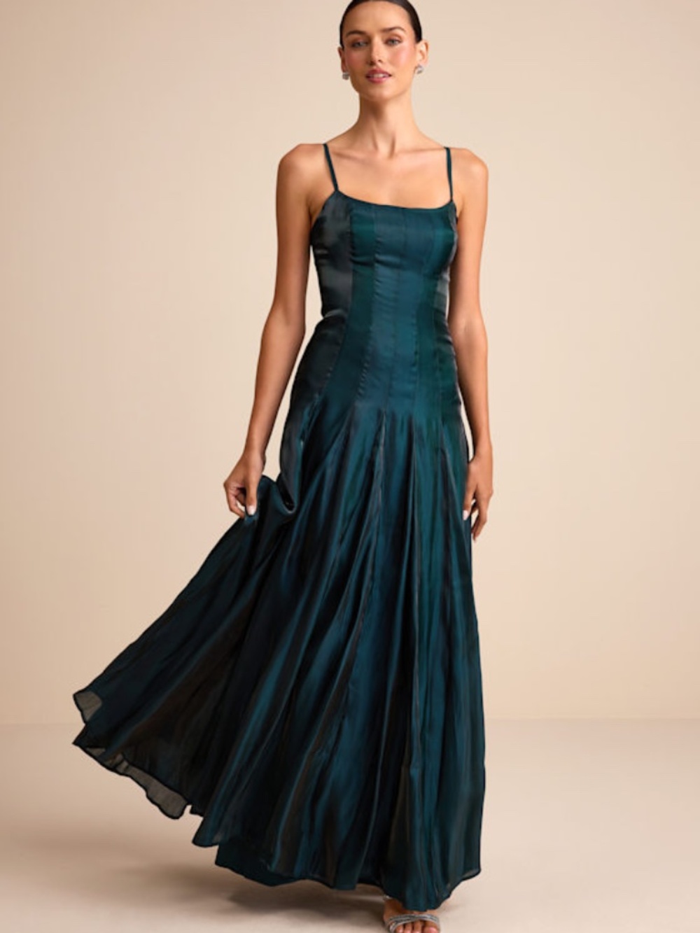 Lulus Zeline Dark Green Organza Pleated Drop Waist Maxi Dress - Size S